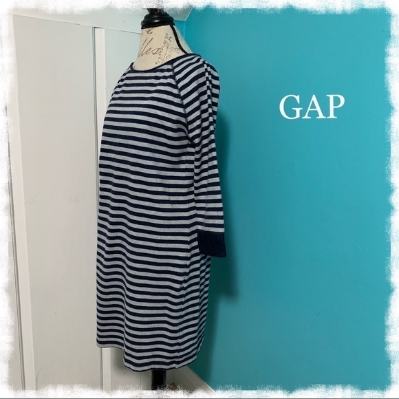 GAP 3/4 Sleeve Gray/Navy Striped Shift Dress - Picture 2 of 5